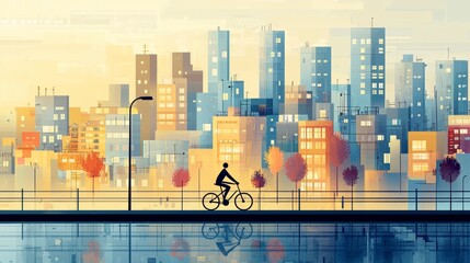 Obraz premium Cyclist riding along city waterfront during national bicycle month