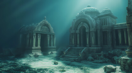 A fantasy scene of a magical underwater kingdom. Underwater Temples. Illustration