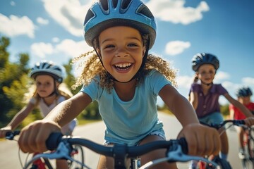 Naklejka premium Happy children cycling together on a sunny day: celebrating national bicycle month
