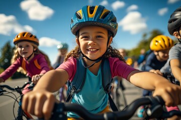 Children riding bicycles and smiling during a cycling event for national bicycle month