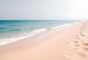 Fototapeta premium Sandy Beach with Turquoise Ocean Waves and Footprints in Coastal Landscape