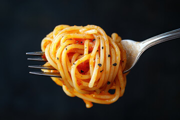 Fork twirling spaghetti strands with meatballs on plate with marinara sauce.