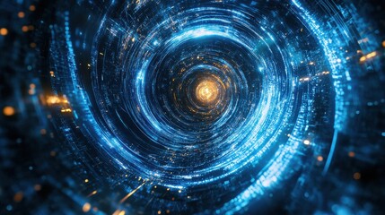 Quantum Processor Glowing Under Swirling Holographic Background