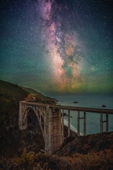 Bixby Bridge over the sea with Milky Way in a winter landscape