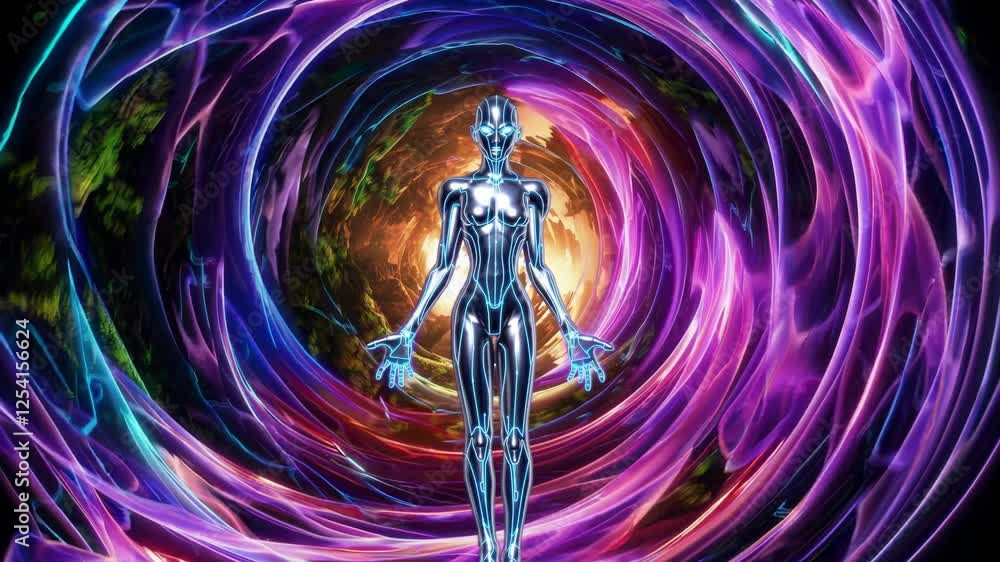Poster chrome android stands before a colorful vortex, symbolizing artificial enlightenment, digital power,