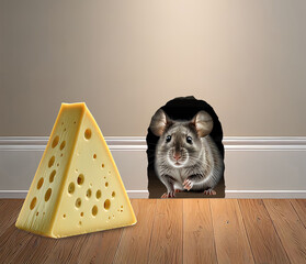 Mouse coming out of a home cave to eat a piece of cheese.