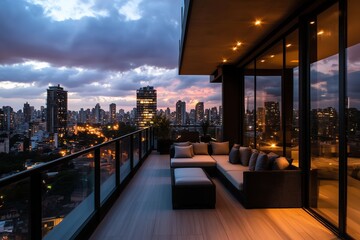 stylish penthouse with a spacious rooftop terrace overlooking a vibrant city skyline at night, featuring cozy lounge seating, ambient lighting, and a glass railing