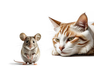 Cat looking a scared mouse on white background.