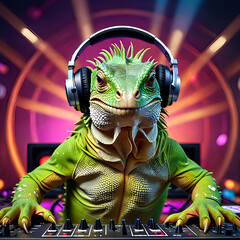 Iguana deejay wearing stereo music headphones on deejay mixer console.