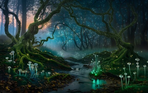 Glowing Fantasy Swamp. Glowing Mushroom Swamp