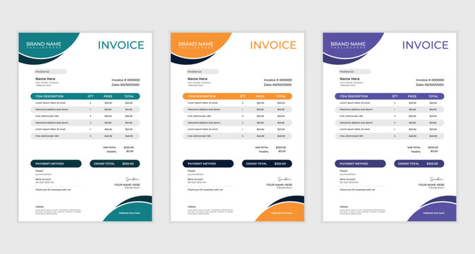 cleam  creative business invoice design with various colour skim | Printable  invoice design template