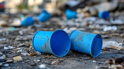 Broken blue plastic cups lie discarded, revealing the environmental impact of single-use plastics. 