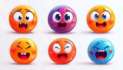 Obraz premium Set emoji characters in various expressions from love to confusion, presented as flat vector illustrations on a white background.