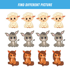  Find different animal picture in each row. Logical game for kids. Cartoon sheep, donkey, horse. Vector illustration 