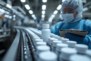 Obraz premium A close-up view of liquid soap being processed on a production line with a cosmetics fabric worker entering data on a tablet