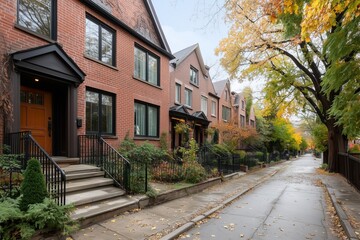 Fototapeta premium classic row of brick townhouses with intricate iron railings, large windows, and wooden doors, set along a picturesque tree-lined street in autumn