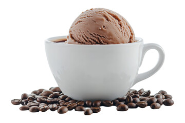 Coffee ice cream in cup isolated. A rich and creamy scoop of coffee-flavored frozen dessert served in a white cup, surrounded by roasted coffee beans. AI generated.  .