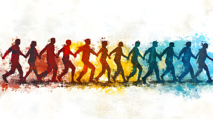 Obraz premium Diverse Silhouettes: Community Unity in Motion - Colorful Abstract Art Illustration of People, Creativity and Harmony