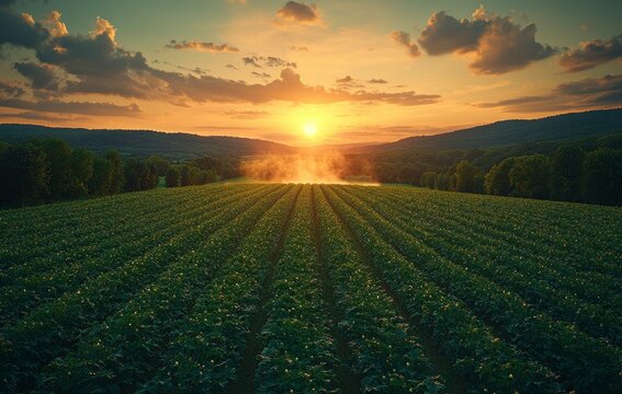 A tractor is seen dispensing pesticides over a vegetable field with a sprayer at spring