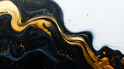 Color combination of black and gold. Liquid waves and stains. Black and gold abstract background fluid art. Acrylic and oil paint flow monochrome contemporary backdrop, black marble