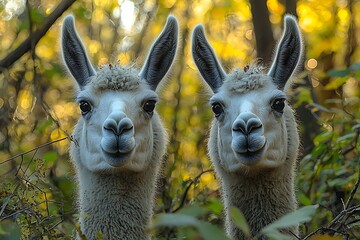 Obraz premium Two llamas in their natural habitat, making amusing faces amidst the trees, captured in a humorous and unexpected wildlife scene.