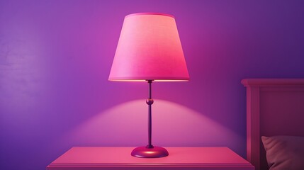 Studio setting featuring a 3D-rendered pink table lamp on a nightstand with a purple background, showcasing its detailed design and effective use of daylight and bright room lighting.