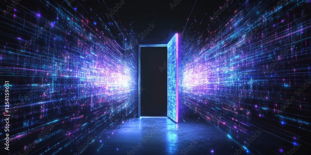 Poster open door to digital data stream corridor