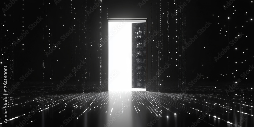 Poster Open door to light in digital space; data streams