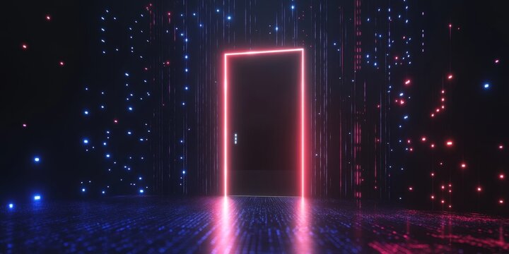 Neon Doorway Digital Portal, Data Rain Background