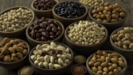 Naklejka premium Assortment of Legumes and Nuts in Bowls on Rustic Wooden Table, Featuring Chickpeas, Kidney Beans, Mung Beans, Black Beans, Lentils, Peanuts, Almonds, Walnuts, and Cashews, Warm and Earthy Tone, Gener