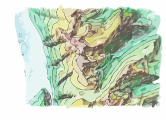 Artistic illustration of a map showing the contour lines, the relief of the terrain, where there are valleys, ravines, ridges.