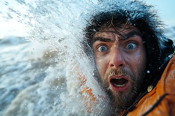 Man's face humorously distorted by strong wind, capturing a moment funny surprise and natural force interaction.
