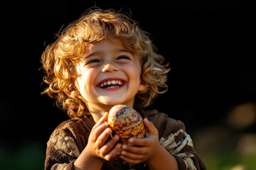 Naklejka premium Joyful Child Holding Easter Egg