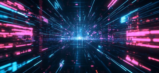 Digital tunnel data flow, cyberspace, glowing lines, abstract background, tech concept