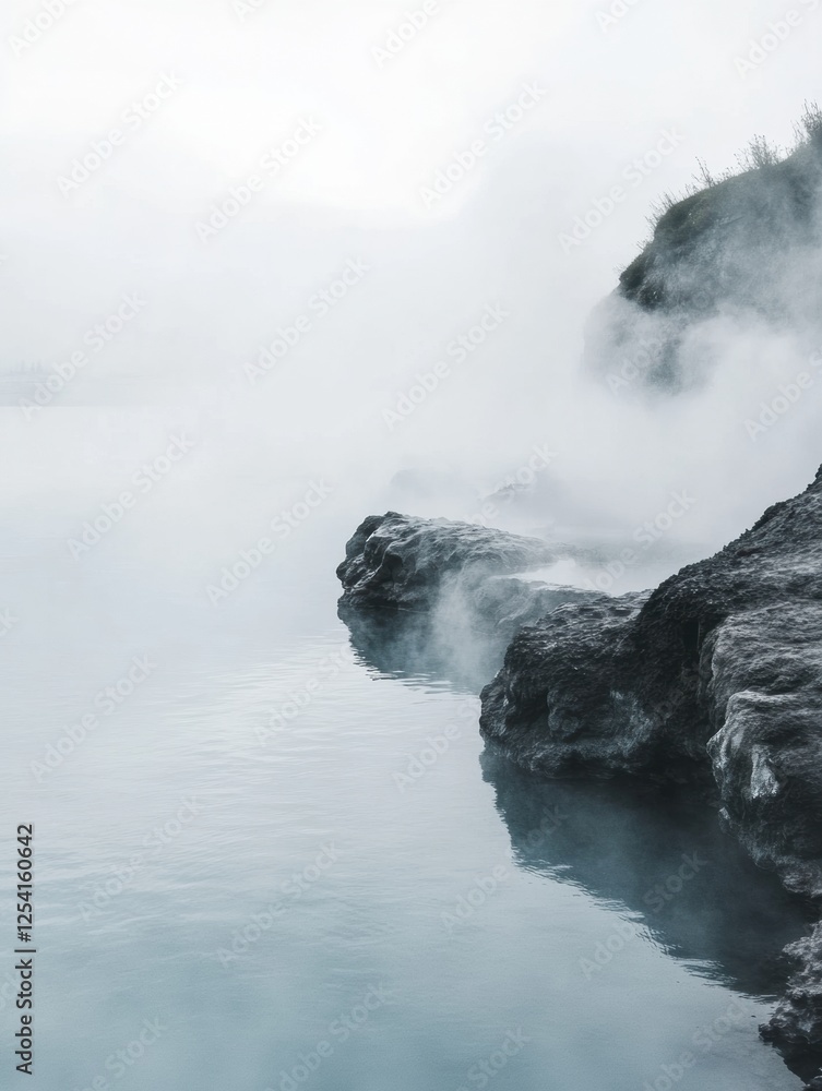 Poster relaxation at a serene hot spring with steam rising above rocky edges during a tranquil morning. gen