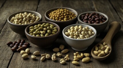 Assortment of Legumes and Nuts in Bowls on Rustic Wooden Table, Featuring Chickpeas, Kidney Beans, Mung Beans, Black Beans, Lentils, Peanuts, Almonds, Walnuts, and Cashews, Warm and Earthy Tone, Gener