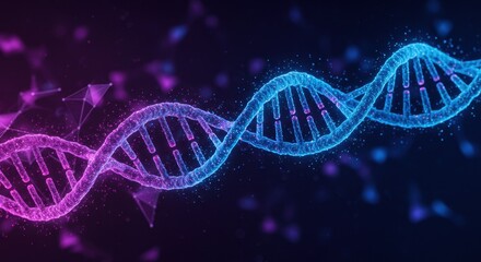 Purple blue pink DNA double helix structure or molecule. Gene therapy, CRISPR gene editing. Treatment of blood cancer and hereditary diseases. Sustainable science, eco friendly technology. Copy space.