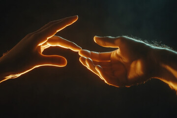 Two hands touching in the dark, fingers intertwined, with faint moonlight peeking through a window, casting a soft glow on the clasped hands.