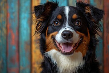 Fototapeta premium Happy dog with a cheeky wink, smiling broadly on a colorful blue background, its expression full and playfulness.