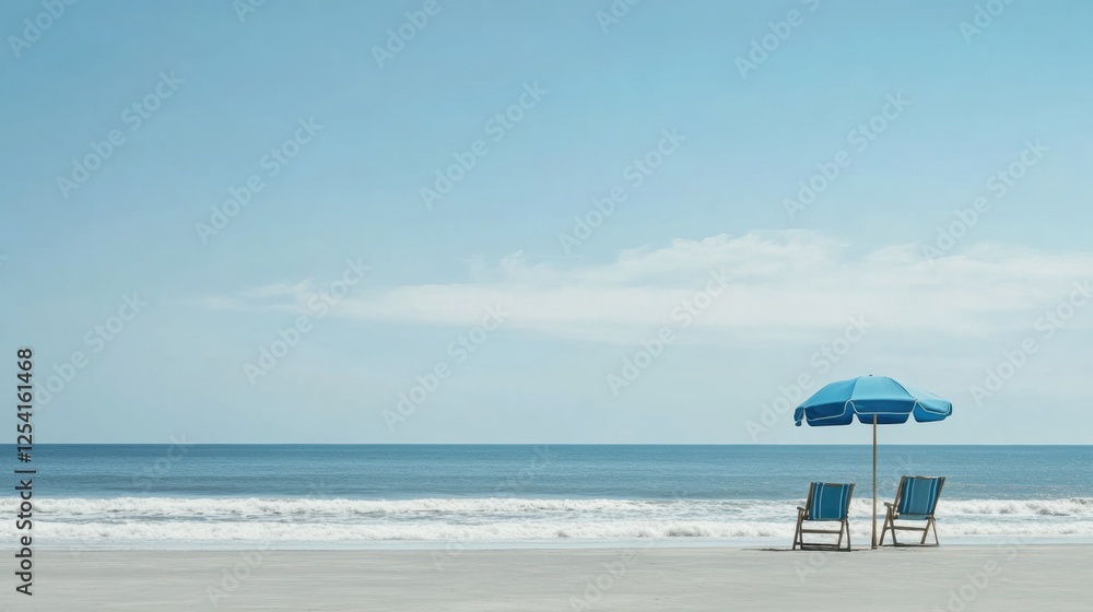 Poster relaxing beach lounge chairs under a blue umbrella with calm waves and clear sky creating a serene v