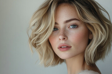 Fototapeta premium Blonde woman with wavy bob hairstyle, gazing at sunset on a deserted beach, waves gently lapping the shore, creating a serene atmosphere.