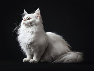 Elegant long-haired white cat on black background. AI generative.