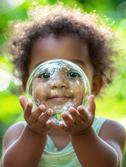 African American boy holding a bubble in a green forest as a symbol of ecology and sustainability. Generative AI.