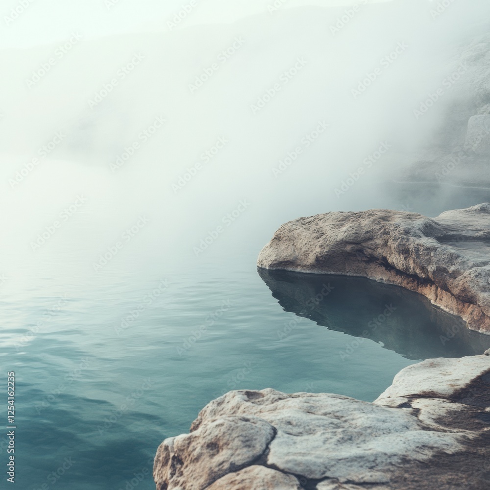 Poster serene hot spring at dawn with steam rising above rocky edges inviting relaxation and tranquility fo