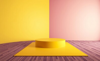 Empty room interior design or yellow pedestal display on vivid background with perspective plank...