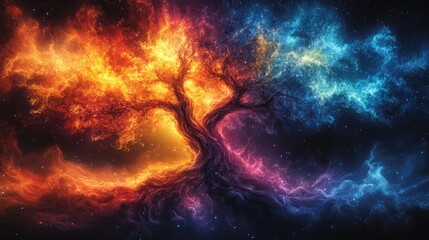 Fototapeta premium A vibrant cosmic tree blending colors of fire and ice against a dark background.