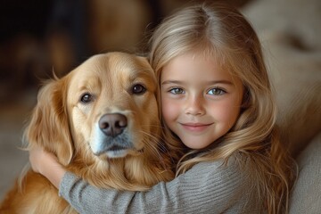 A child cuddles her labrador on the sofa, relaxing together at home