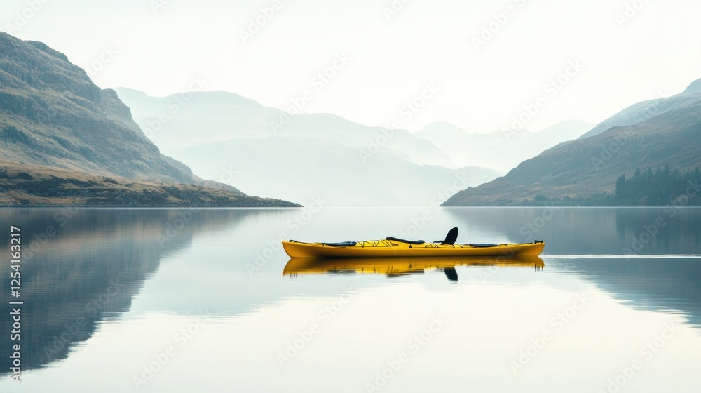 Poster lone yellow kayak on a tranquil mountain lake surrounded by misty peaks during a serene early mornin