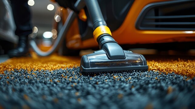 A washerman is using a hoover to clean the automobile carpet, frothing up the interior of the car in a garage while wearing gloves