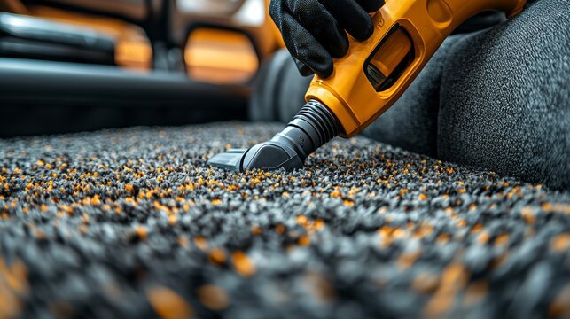 The washerman is vacuuming the automobile carpet with a hoover, applying foam throughout the car's interior in the garage, and he wears gloves
